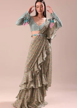 Lime Green Printed Frill Saree With Embroidered Blouse