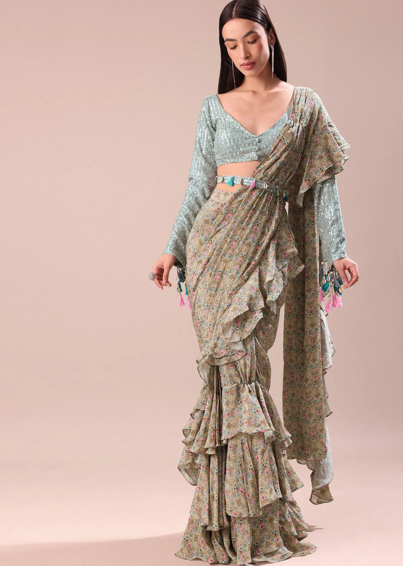 Lime Green Printed Frill Saree With Embroidered Blouse