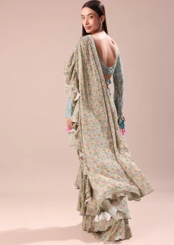 Lime Green Printed Frill Saree With Embroidered Blouse