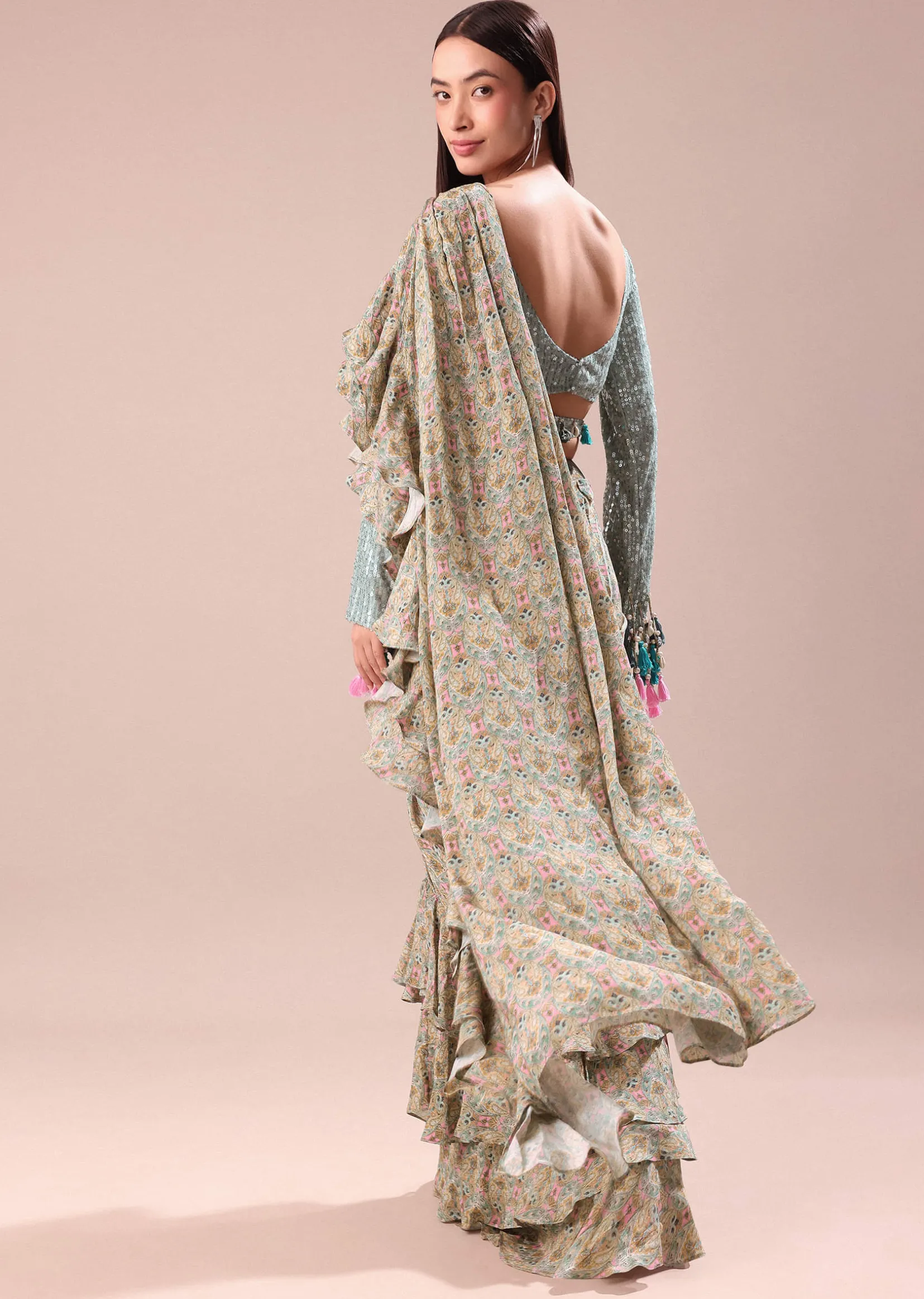 Lime Green Printed Frill Saree With Embroidered Blouse