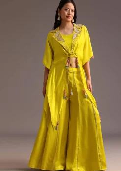 Lime Green Resham Work Palazzo Croptop Set With Jacket