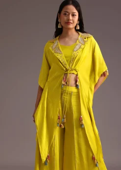 Lime Green Resham Work Palazzo Croptop Set With Jacket