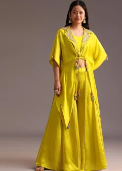 Lime Green Resham Work Palazzo Croptop Set With Jacket