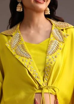 Lime Green Resham Work Palazzo Croptop Set With Jacket