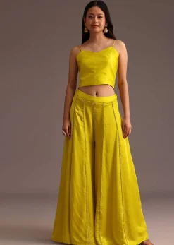 Lime Green Resham Work Palazzo Croptop Set With Jacket