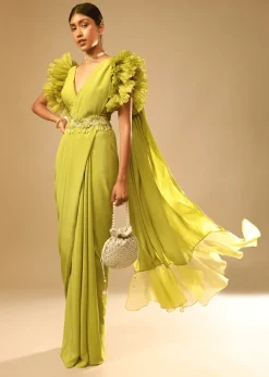 Lime Green Saree In Crepe With Elaborate Ruffle Sleeved Crop Top And Heavy Stone Embroidered Belt