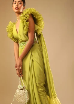 Lime Green Saree In Crepe With Elaborate Ruffle Sleeved Crop Top And Heavy Stone Embroidered Belt