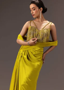 Lime Green Semi Stitched Net Saree With Embroidered Blouse