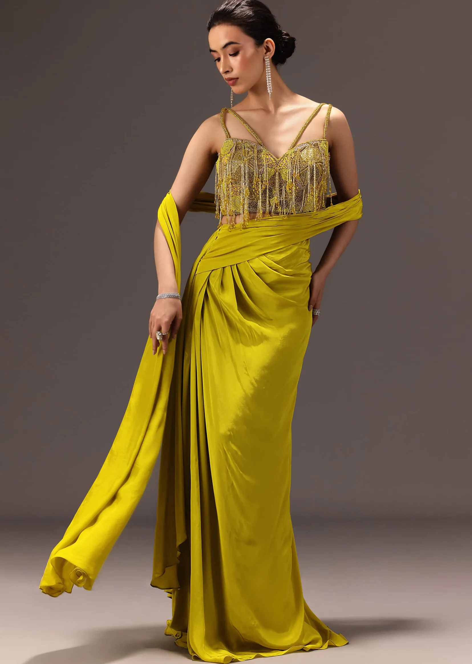 Lime Green Semi Stitched Net Saree With Embroidered Blouse