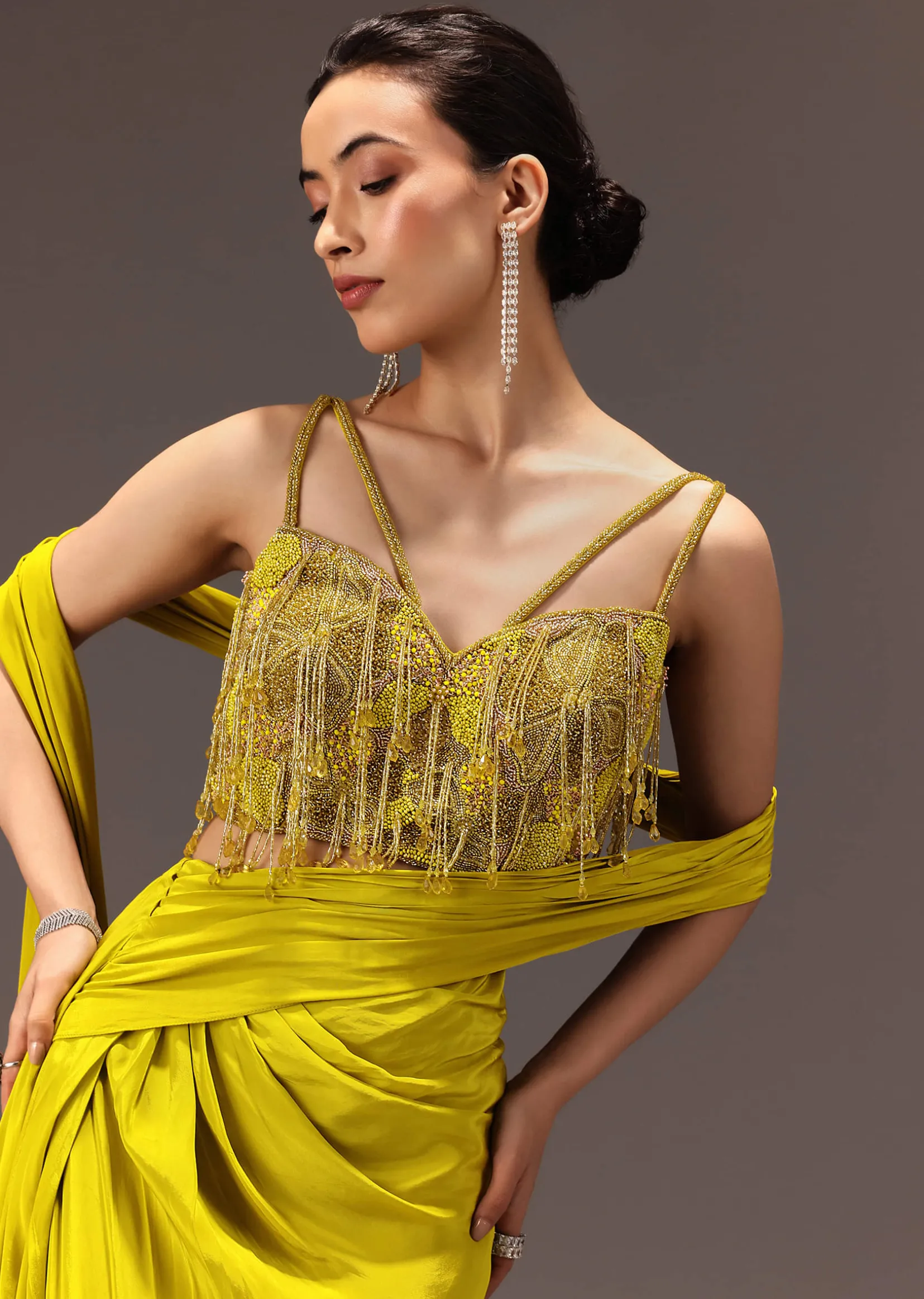 Lime Green Semi Stitched Net Saree With Embroidered Blouse