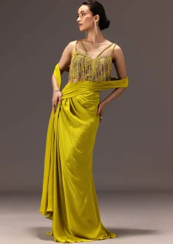 Lime Green Semi Stitched Net Saree With Embroidered Blouse