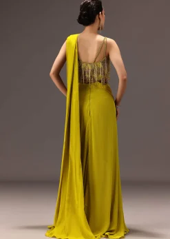 Lime Green Semi Stitched Net Saree With Embroidered Blouse