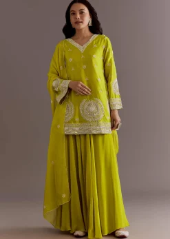 Lime Green Short Kurta Palazzo Suit With Moti Embellished Dupatta