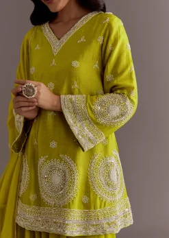 Lime Green Short Kurta Palazzo Suit With Moti Embellished Dupatta