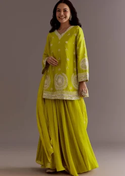 Lime Green Short Kurta Palazzo Suit With Moti Embellished Dupatta