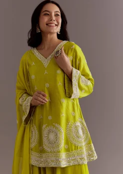 Lime Green Short Kurta Palazzo Suit With Moti Embellished Dupatta