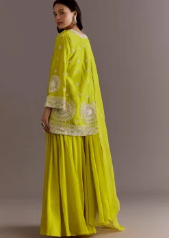 Lime Green Short Kurta Palazzo Suit With Moti Embellished Dupatta