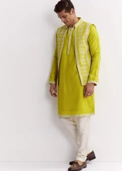 Lime Green Silk Jacket Kurta Set With Gotta Embroidery