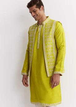 Lime Green Silk Jacket Kurta Set With Gotta Embroidery