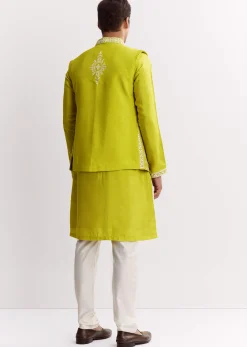 Lime Green Silk Jacket Kurta Set With Gotta Embroidery