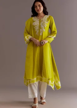 Lime Green Silk Kurta Dupatta Set With Moti Work