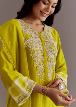Lime Green Silk Kurta Dupatta Set With Moti Work