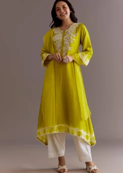 Lime Green Silk Kurta Dupatta Set With Moti Work
