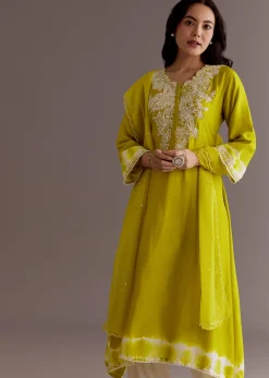 Lime Green Silk Kurta Dupatta Set With Moti Work