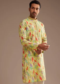 Lime Green Silk Leaf Printed Kurta Set