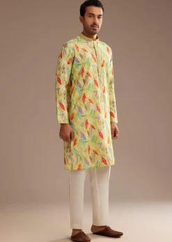 Lime Green Silk Leaf Printed Kurta Set