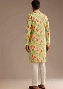 Lime Green Silk Leaf Printed Kurta Set