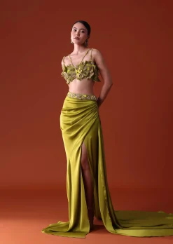 Lime Green Zardosi Draped Slit Skirt With 3D Multi Strap Blouse