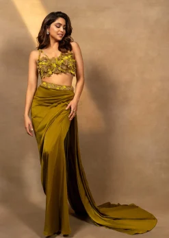 Lime Green Zardosi Draped Slit Skirt With 3D Multi Strap Blouse