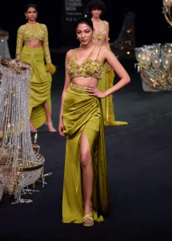 Lime Green Zardosi Draped Slit Skirt With 3D Multi Strap Blouse