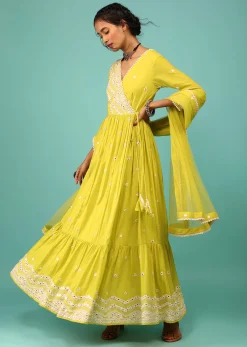 Lime Yellow Anarkali Kurta In Lucknowi Geometric Embroidery With Angrakha Pattern & Bottom Frill