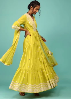 Lime Yellow Anarkali Kurta In Lucknowi Geometric Embroidery With Angrakha Pattern & Bottom Frill
