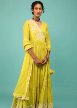 Lime Yellow Anarkali Kurta In Lucknowi Geometric Embroidery With Angrakha Pattern & Bottom Frill