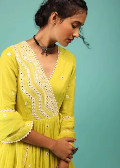 Lime Yellow Anarkali Kurta In Lucknowi Geometric Embroidery With Angrakha Pattern & Bottom Frill