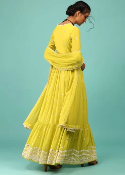 Lime Yellow Anarkali Kurta In Lucknowi Geometric Embroidery With Angrakha Pattern & Bottom Frill