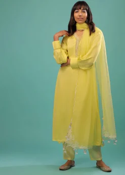 Lime Yellow Bemberg Silk A Line Suit In Organza