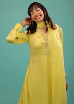 Lime Yellow Bemberg Silk A Line Suit In Organza