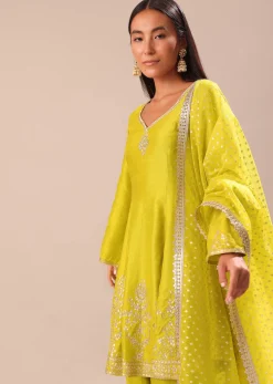 Lime Yellow Embroidered Kurta With Salwar And Dupatta