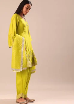 Lime Yellow Embroidered Kurta With Salwar And Dupatta