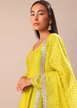 Lime Yellow Embroidered Kurta With Salwar And Dupatta