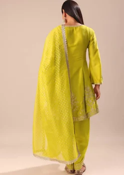 Lime Yellow Embroidered Kurta With Salwar And Dupatta
