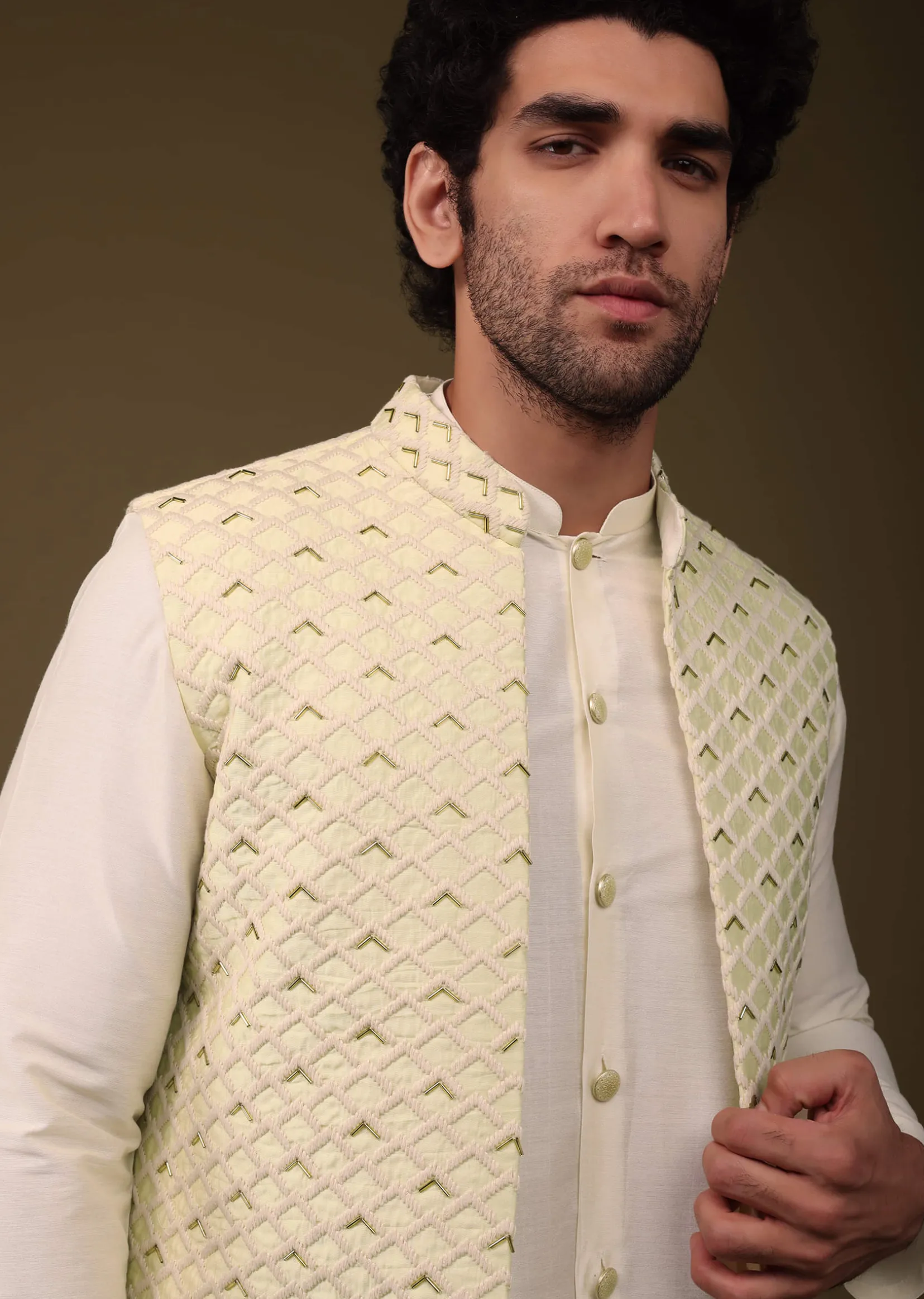 Lime Yellow Festive Textured Jacket Kurta Set With Cut Dana And Thread Embroidery In Art Silk