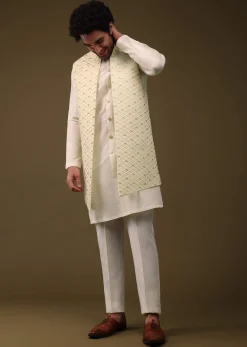 Lime Yellow Festive Textured Jacket Kurta Set With Cut Dana And Thread Embroidery In Art Silk
