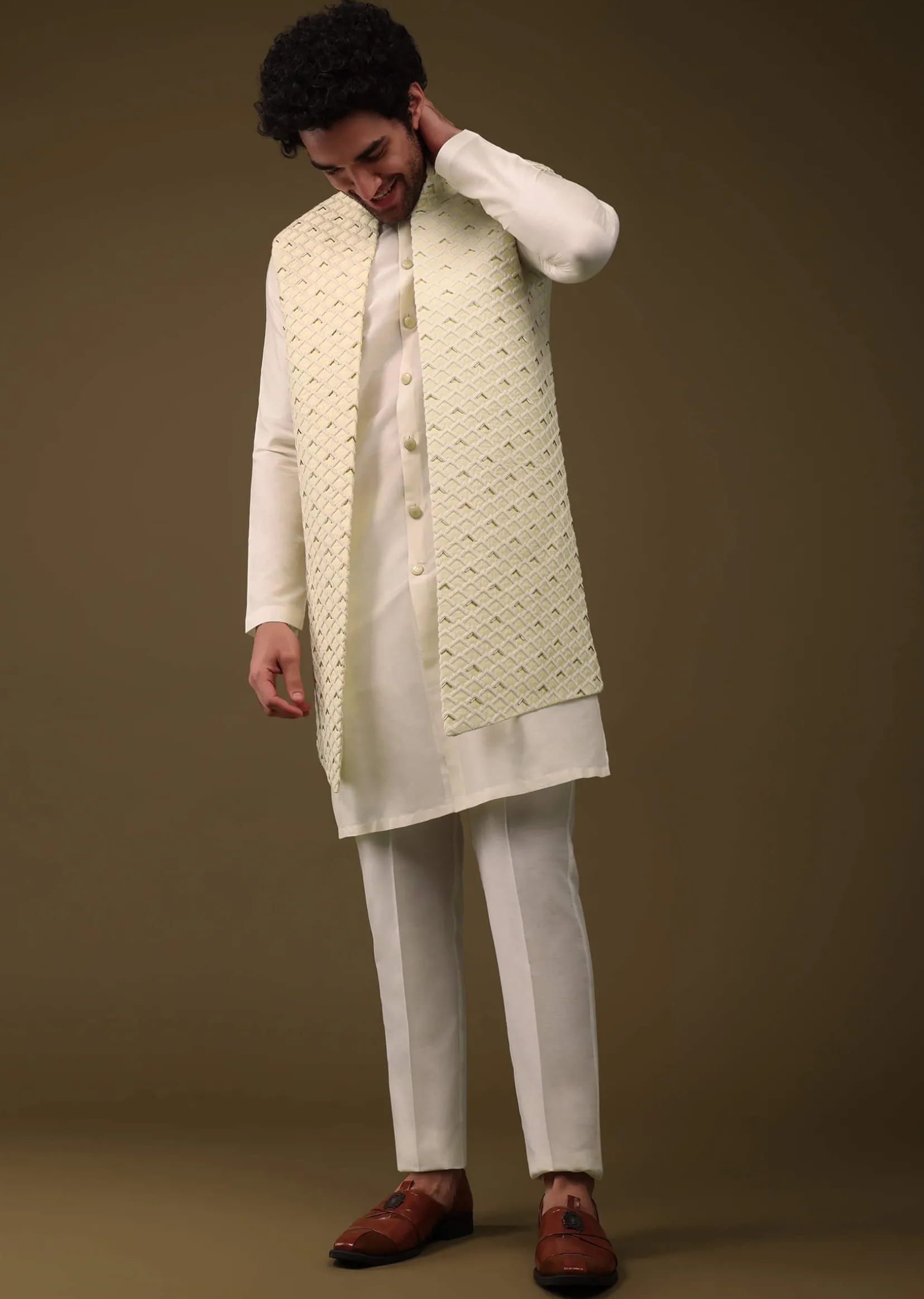 Lime Yellow Festive Textured Jacket Kurta Set With Cut Dana And Thread Embroidery In Art Silk