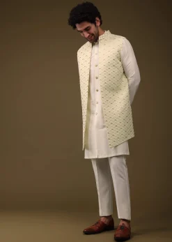 Lime Yellow Festive Textured Jacket Kurta Set With Cut Dana And Thread Embroidery In Art Silk