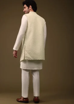 Lime Yellow Festive Textured Jacket Kurta Set With Cut Dana And Thread Embroidery In Art Silk
